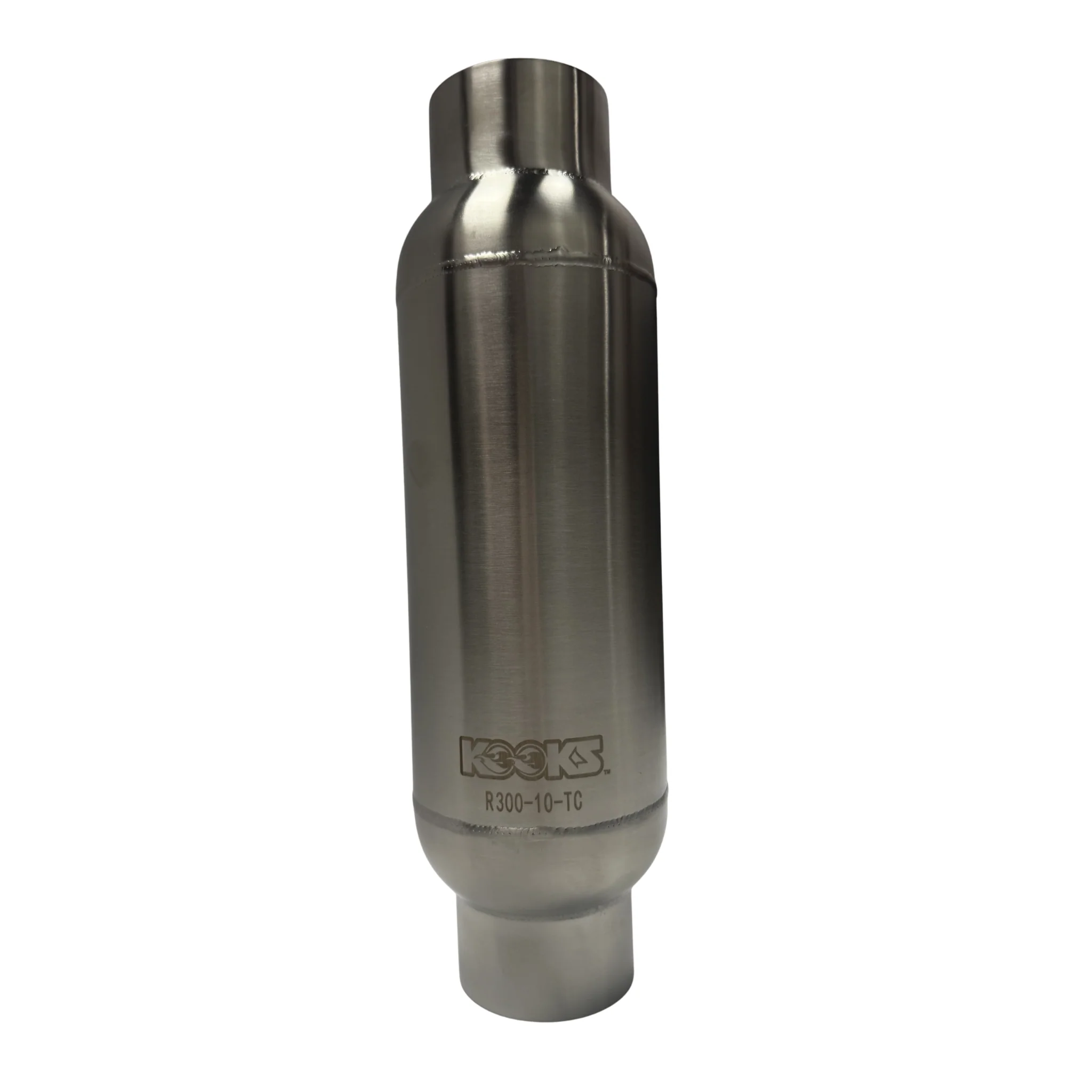 3” Round Muffler with Tri-Core Insert. 10” Long Body. Polished Stainless Steel.